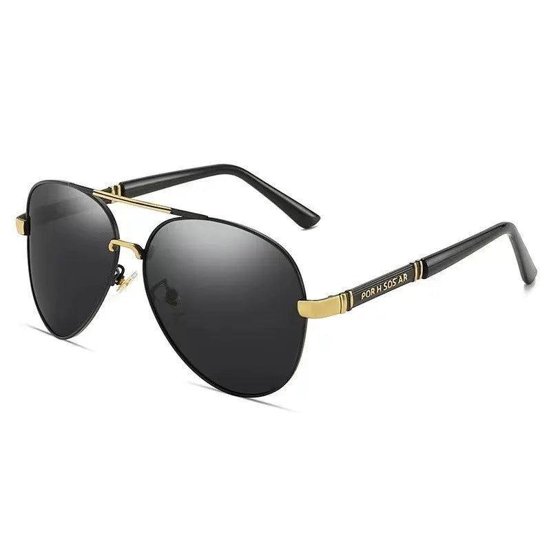 Men's metal frame polarised sunglasses with dragon and phoenix temple decoration, shown in a gold frame with dark lenses.