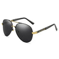 Men's metal frame polarised sunglasses with dragon and phoenix temple decoration, shown in a gold frame with dark lenses.