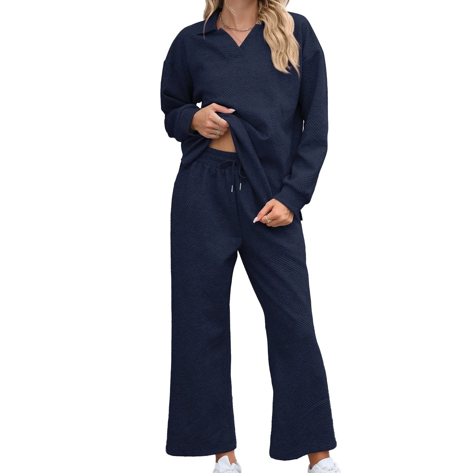 Women's solid colour knitted jacquard sweater and elastic waist pants suit in urban style