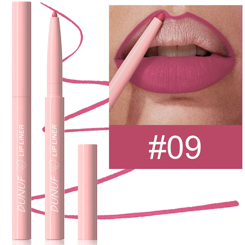 A single velvet matte lip liner pencil with 12 colour shade options shown, for precise lip definition.
