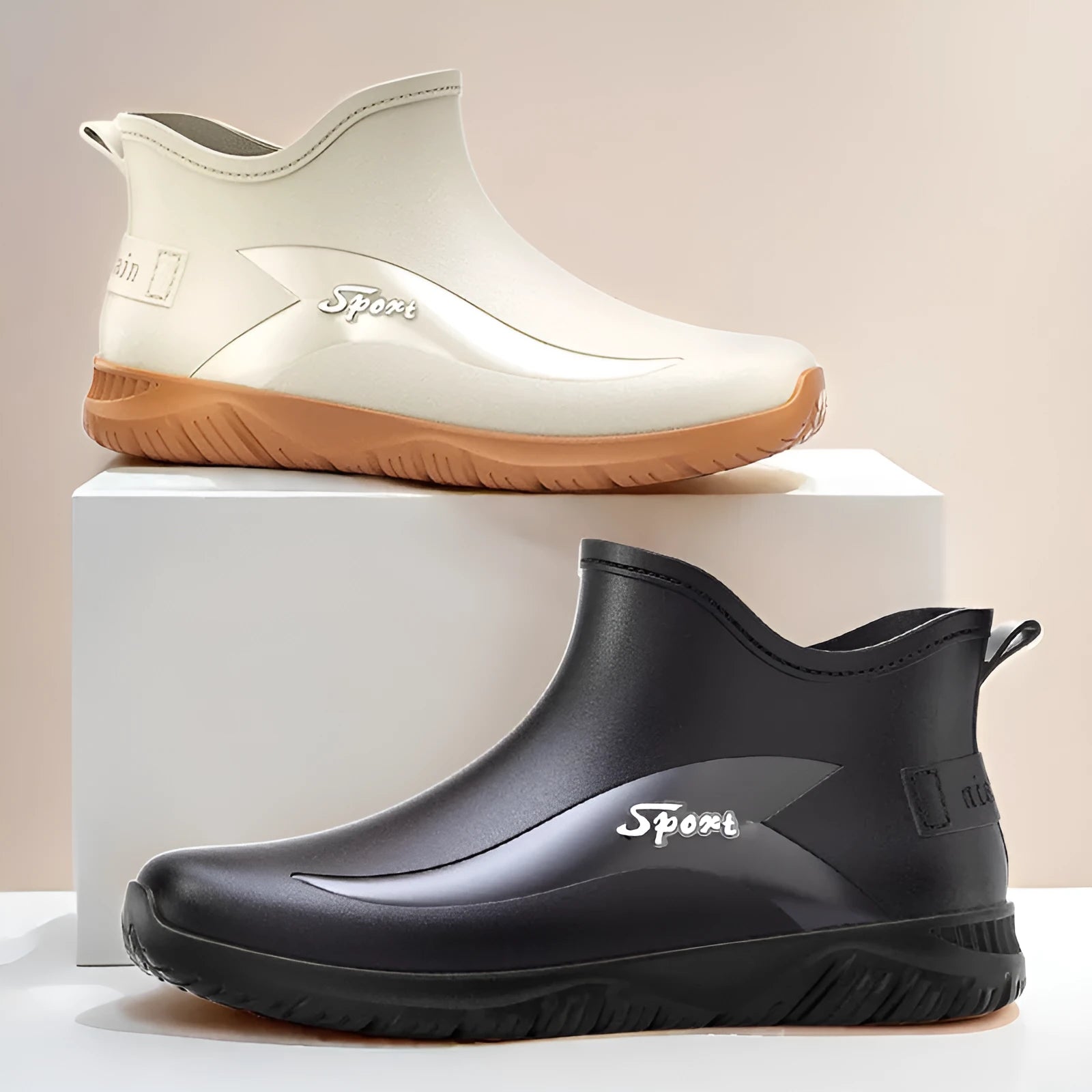 Men's non-slip flat short rubber boots in PVC material showing beige and black colour options