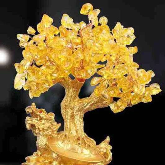 Citrine resin money tree ornament with small water turtle design for Feng Shui decoration