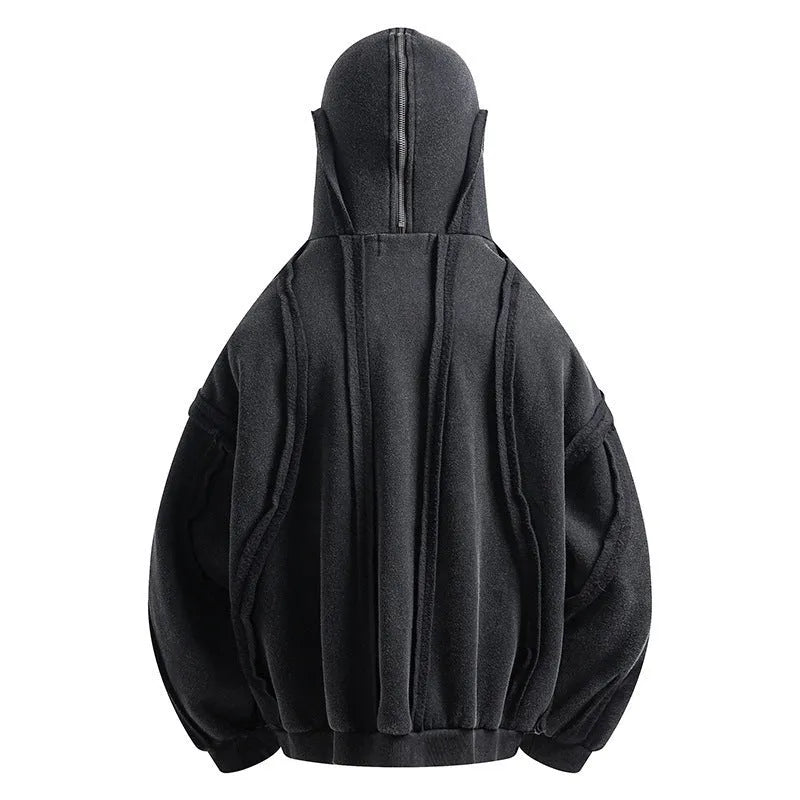 Black mens loose-fit cotton cardigan coat with zip front, attached hood, and abstract pattern.