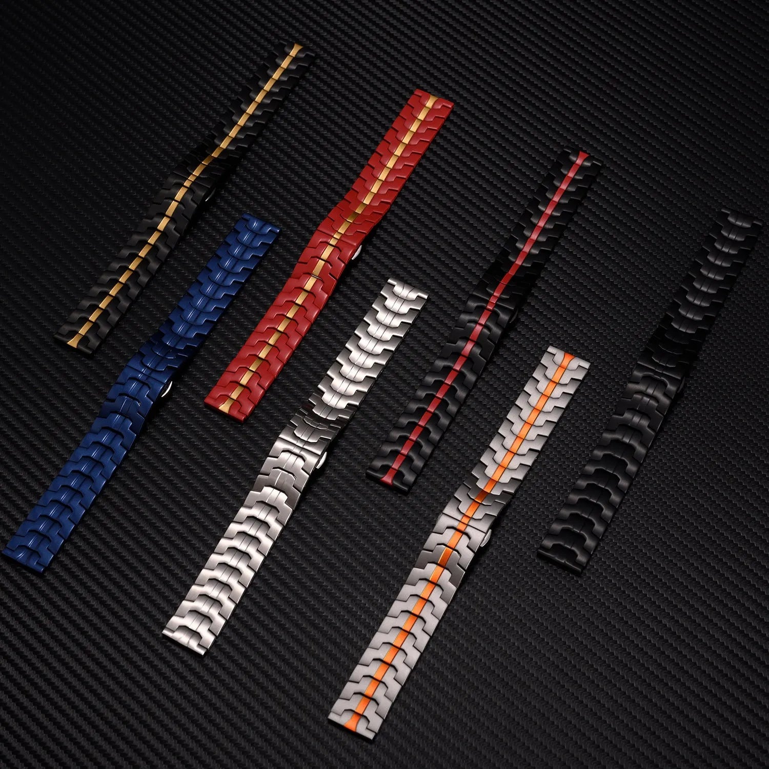 Stainless steel watch band for Samsung Galaxy Watch showing silver and black colour options with universal lug connectors