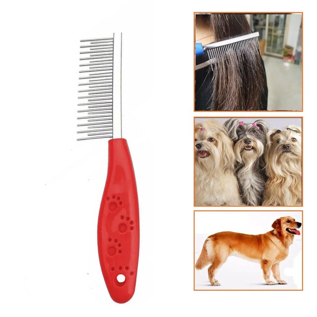 Red plastic handle pet comb with dual-length stainless steel teeth for detangling and dematting.