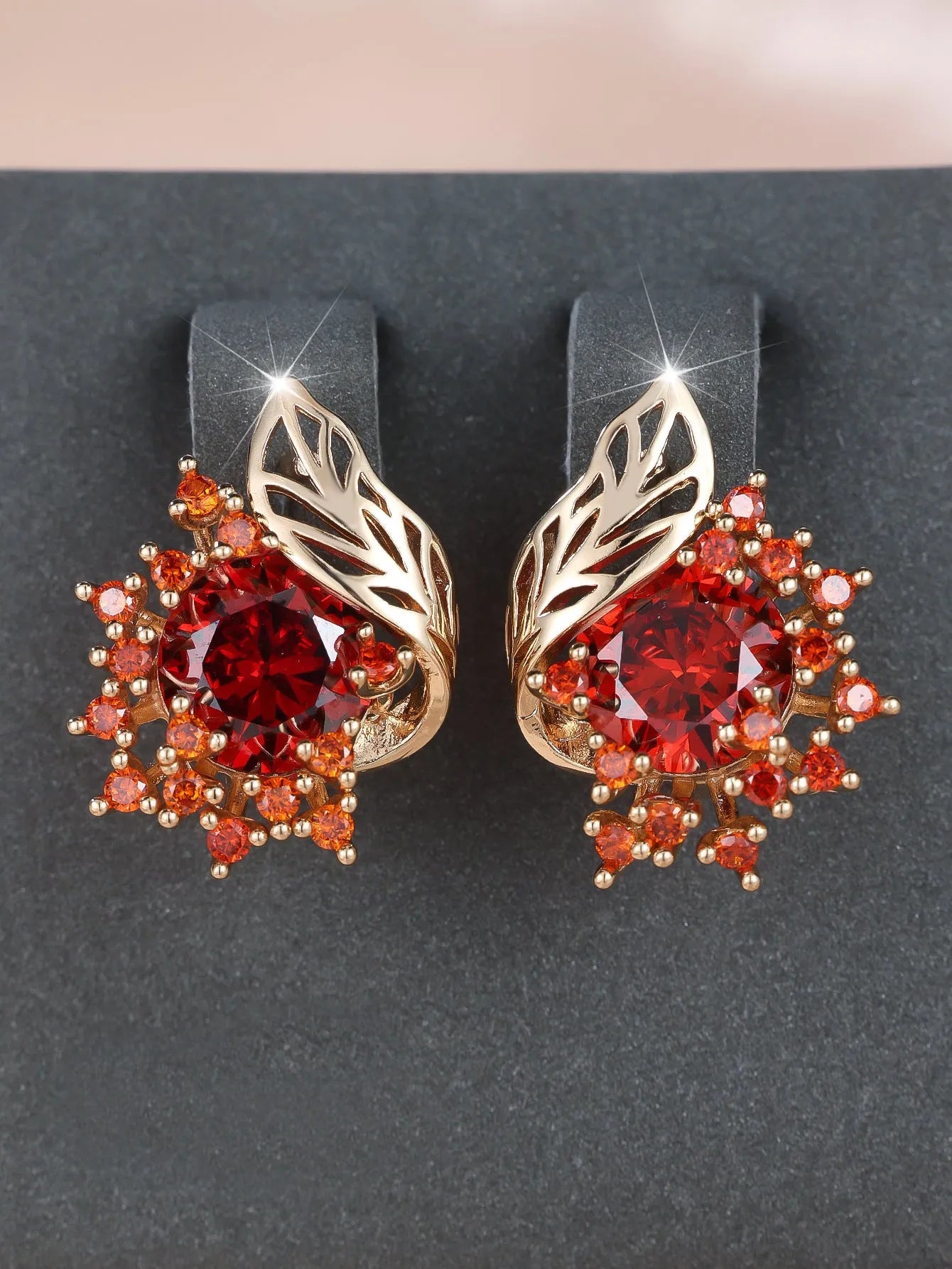 Round flower feather earrings with zircon stones in champagne gold finish, six colour options