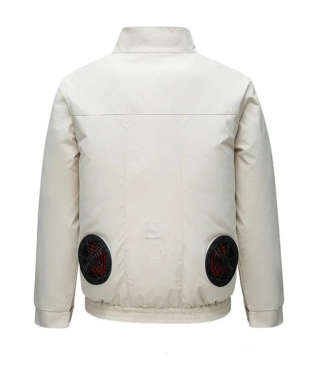 Men's black outdoor work jacket with ventilation holes for cooling fan unit