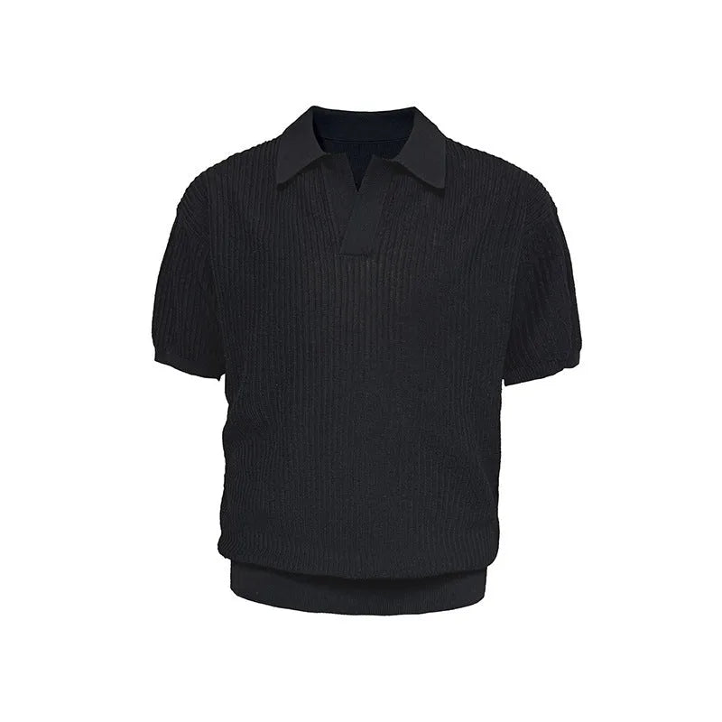 Man wearing a creamy white short-sleeve polo shirt with a business collar and subtle stripes.