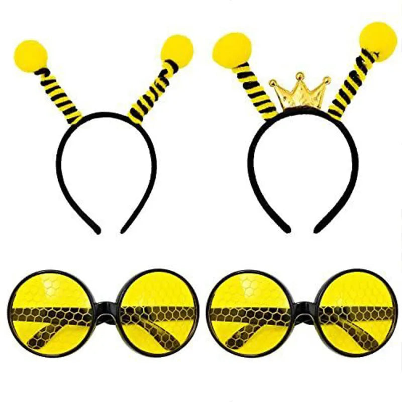 Yellow children's costume headband and glasses set with bee, butterfly, and ladybug patterns.