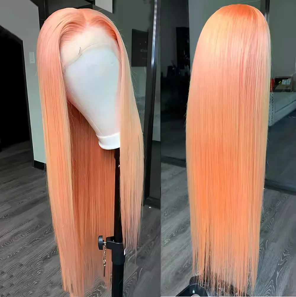 Light orange long straight front lace synthetic wig on a wig stand, showing side bangs.