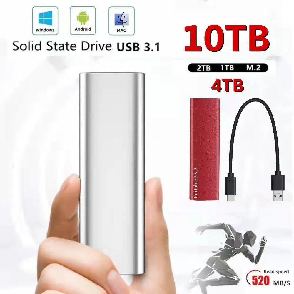 Red ultra-thin metal external SSD hard drive with high storage capacity on a desk.