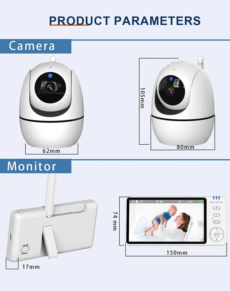 White HD wireless baby monitor with 5-inch screen on a nursery shelf.