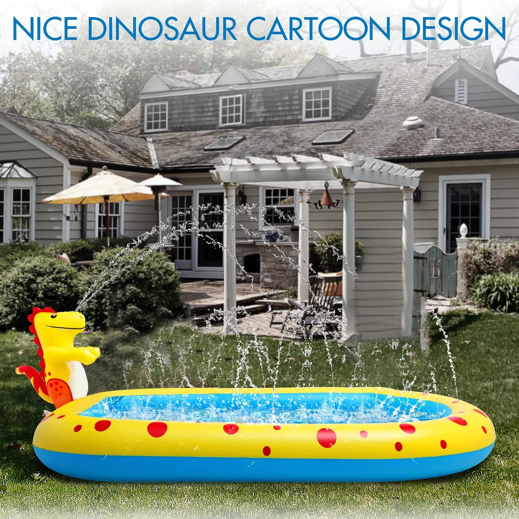 Blue dinosaur-shaped inflatable water pool with multiple sprayers for children's outdoor play