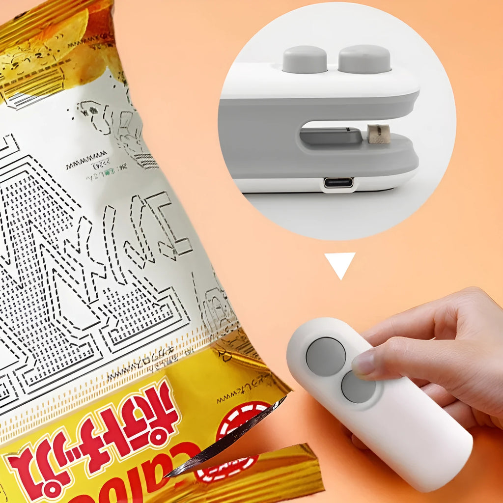 White handheld bag sealer with USB charging port and cutter blade for food storage