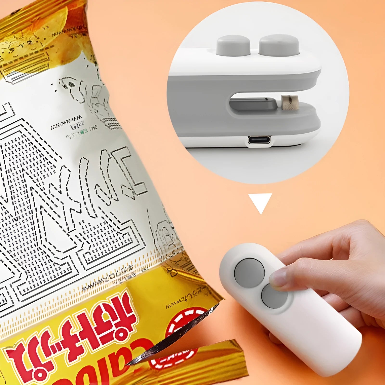 White handheld bag sealer with USB charging port and cutter blade for food storage