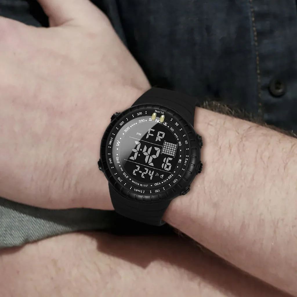 Black men's waterproof digital outdoor watch with large dial and adjustable PU strap