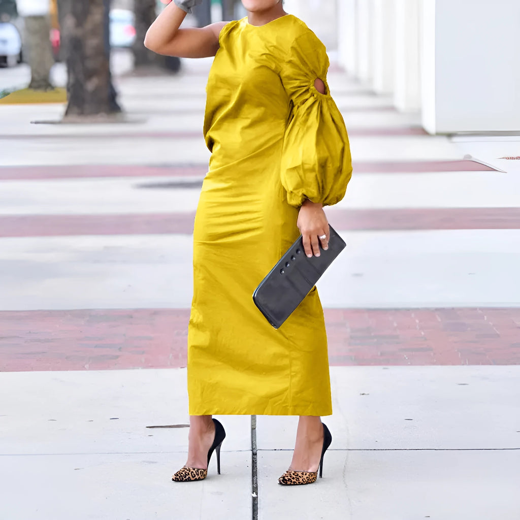 Long lantern sleeve side slit dress with elastic waist in solid colour, available in black army green white yellow sizes S to 3XL