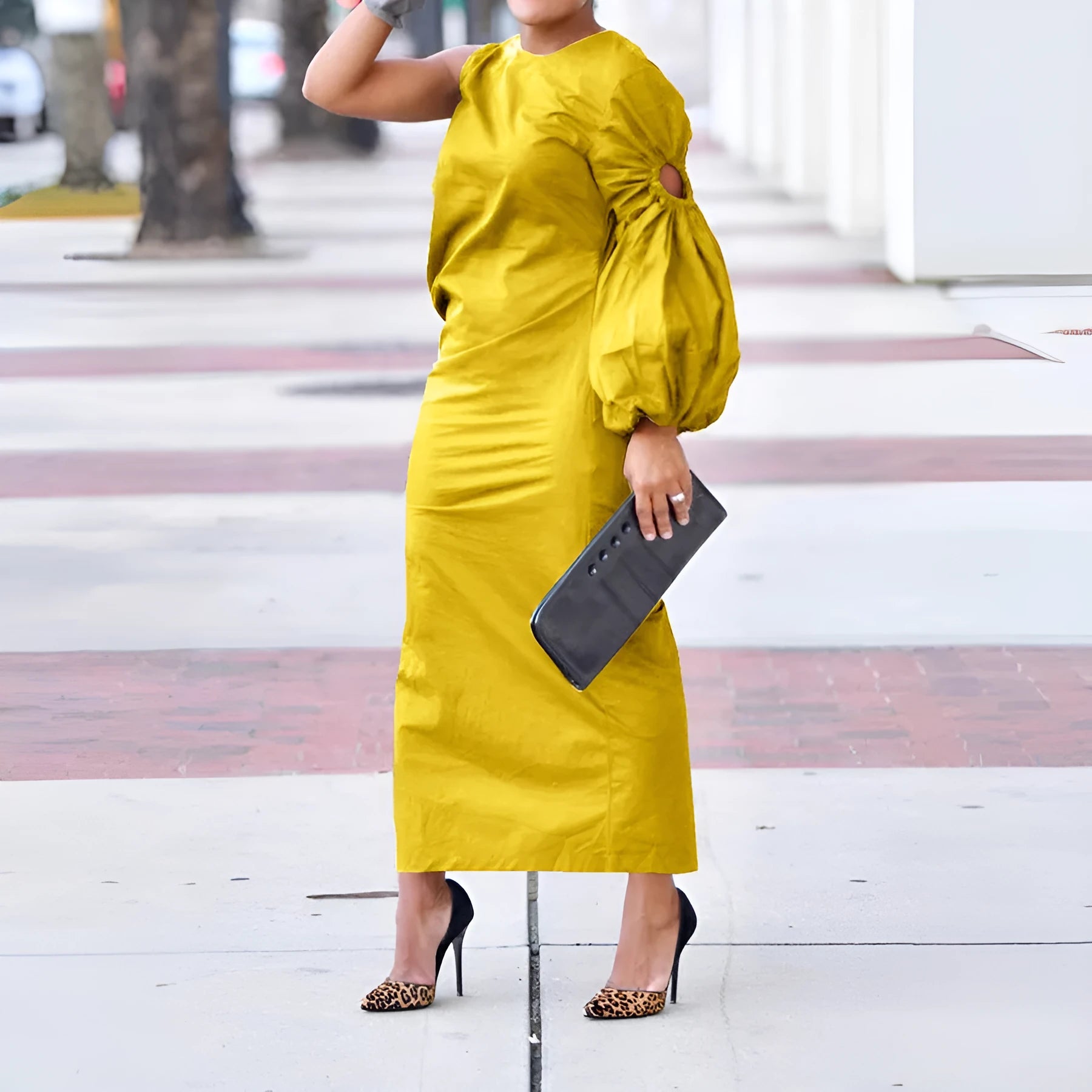 Long lantern sleeve side slit dress with elastic waist in solid colour, available in black army green white yellow sizes S to 3XL