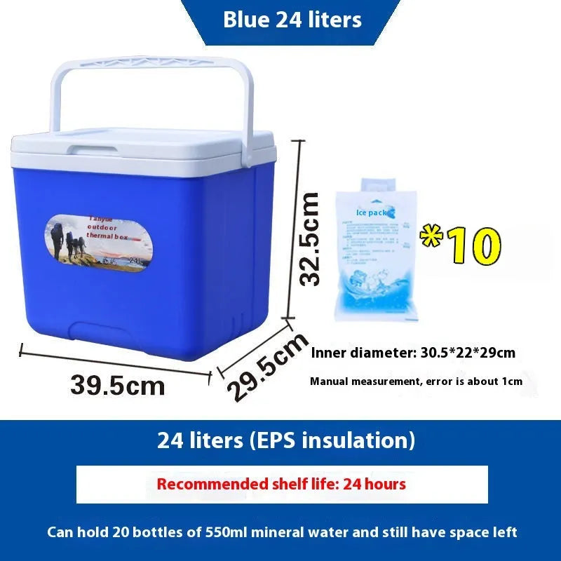 Blue aluminium foil portable insulated cooler box showing multiple capacity options for car and outdoor use.