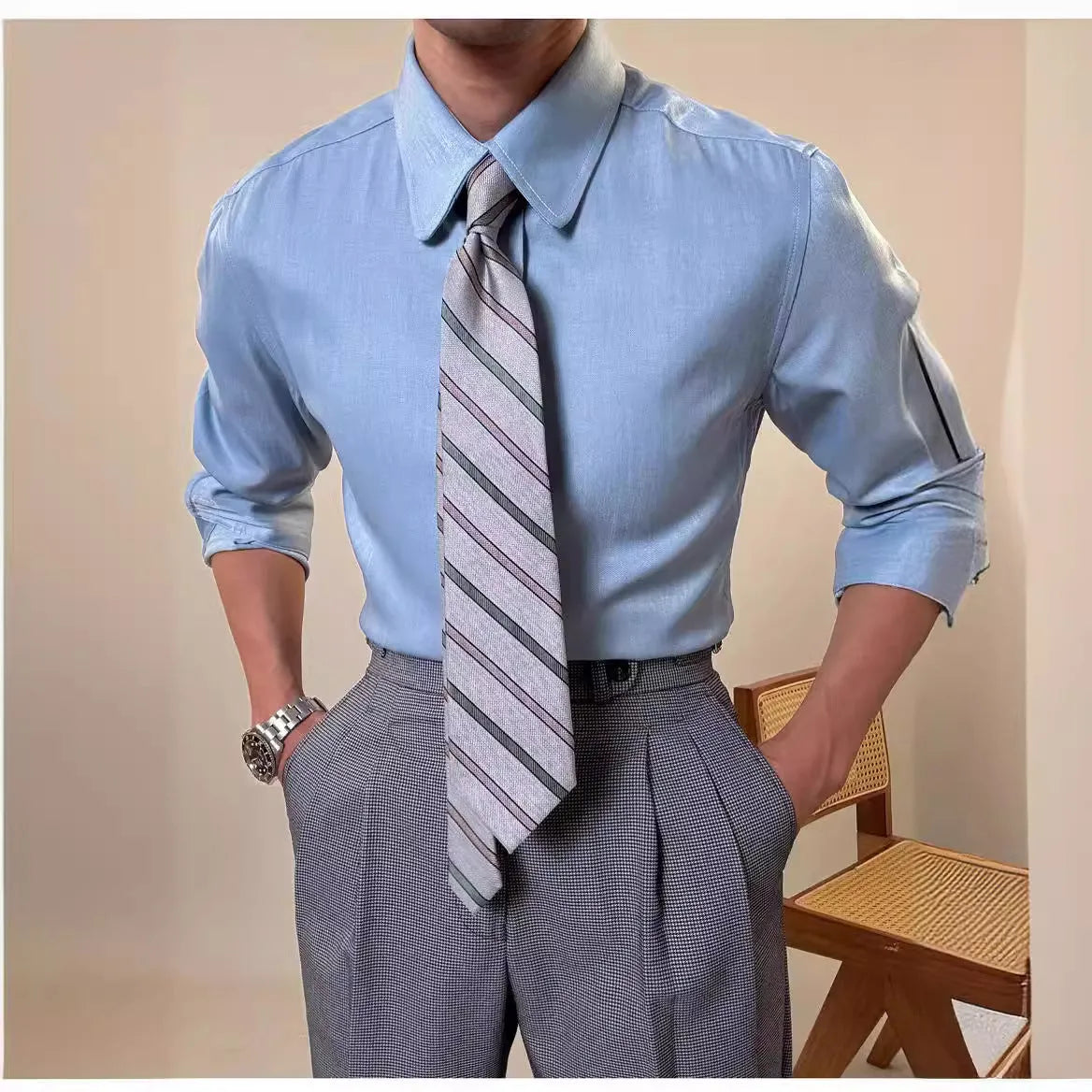 Men's blue long sleeve shirt with round collar and slim fit design