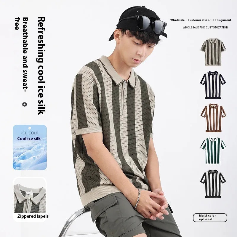 Man wearing a black and white striped short sleeve viscose sweater with a decorative zipper detail.