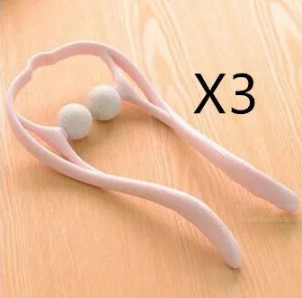 Blue plastic hand-held neck massager with adjustable rollers on a flexible stand.