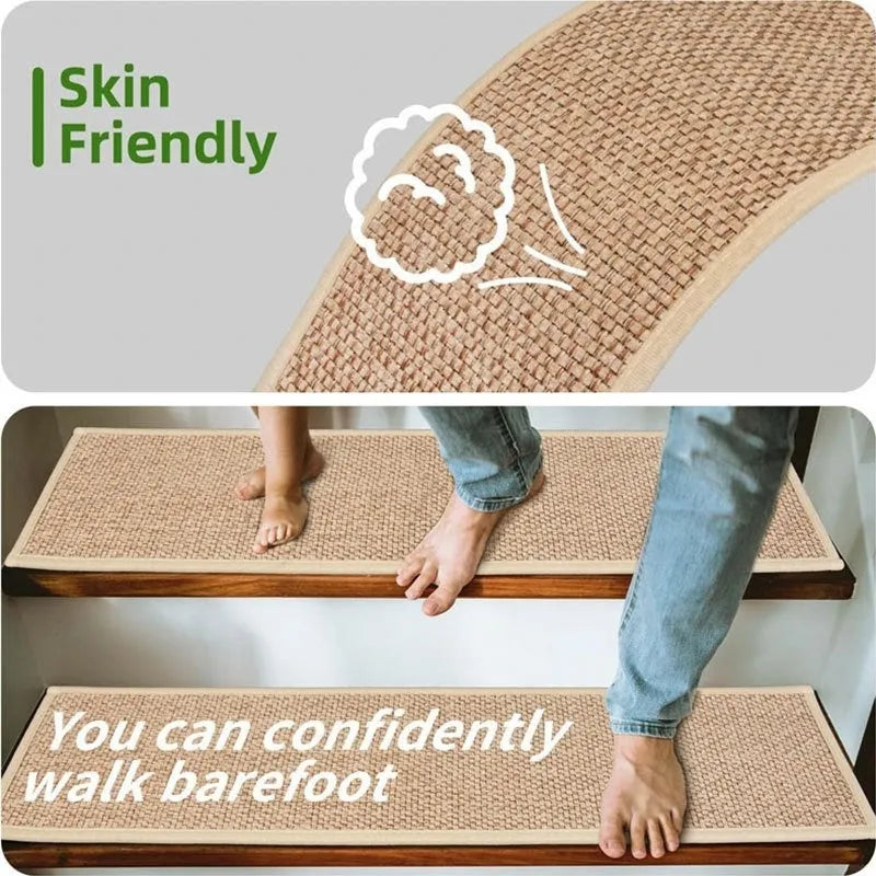 Japanese-style linen-look stair mat with non-slip bottom in camel colour on wooden stairs