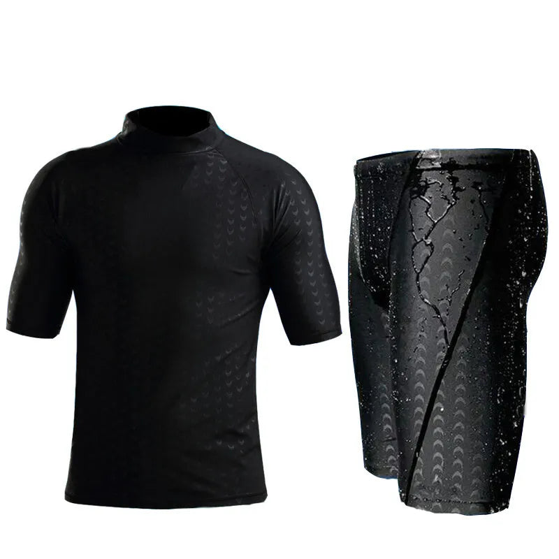 Men's black leopard print quick-drying split swimsuit top for snorkelling and swimming