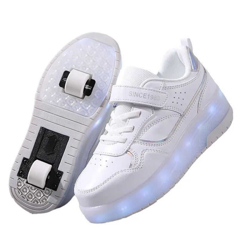 Children's rechargeable roller skates with flashing LED light-up wheels in pink, white, black, and purple colours.