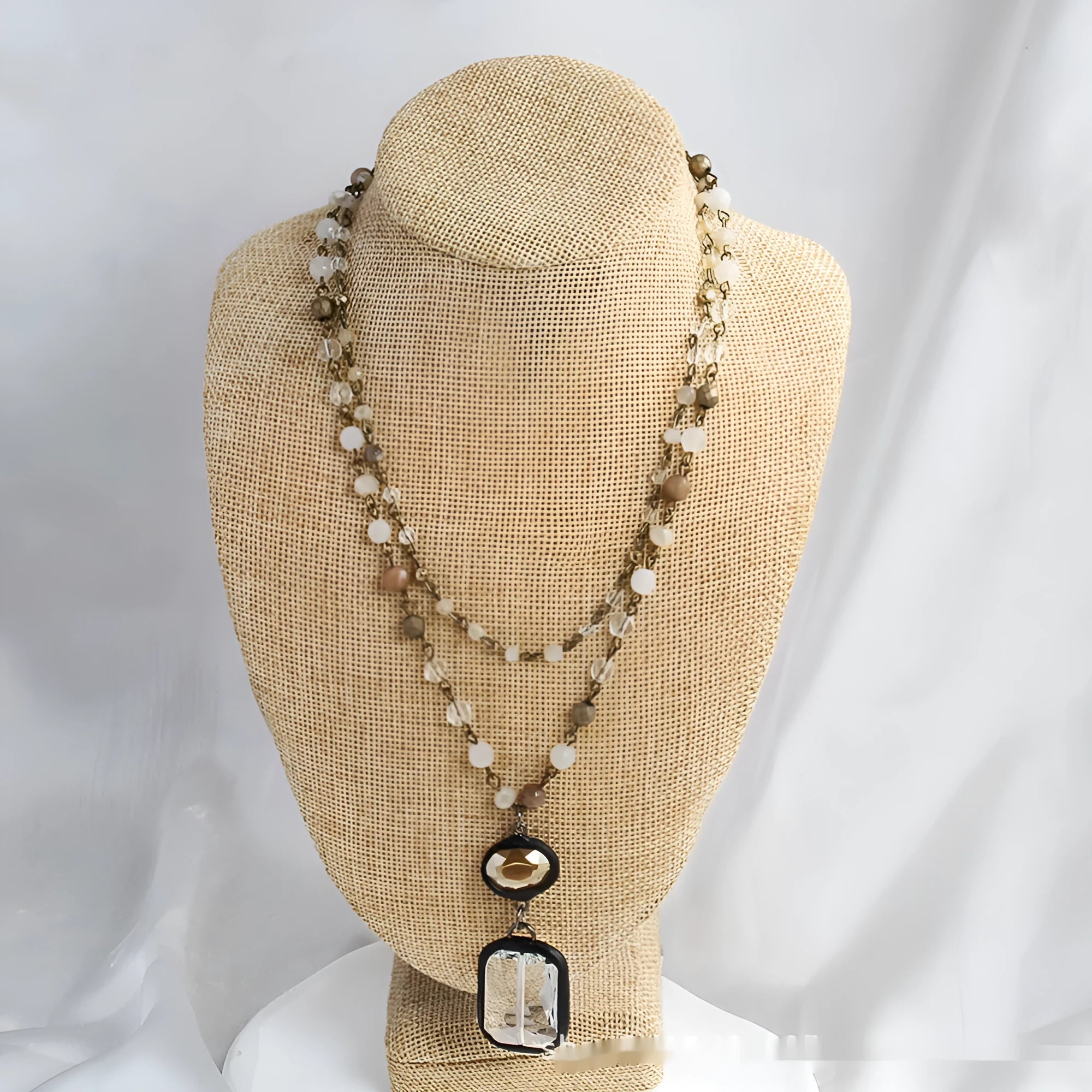 Tribal style two-layer chain necklace with natural stone and glass pendant