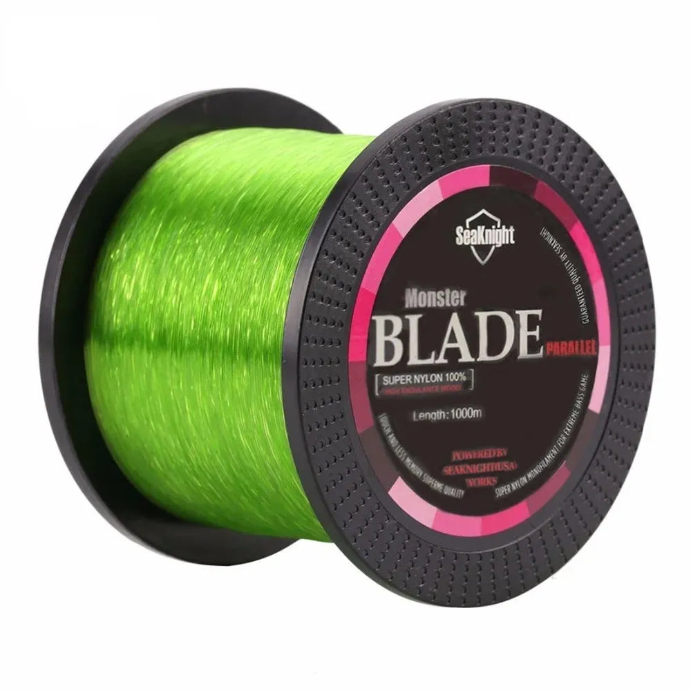 Roll of Seaknight 1000 M nylon monofilament fishing line showing colour and diameter size options.