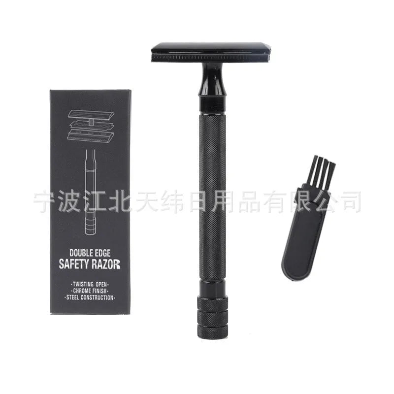 Traditional manual safety razor and shaving brush set in chrome metal finish
