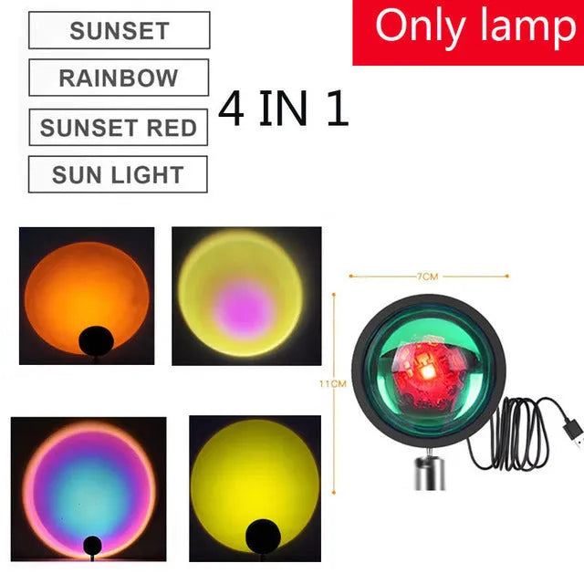 Sunset projection lamp rainbow night light with remote control, USB powered, alloy and plastic construction, 6 colour 17cm stand