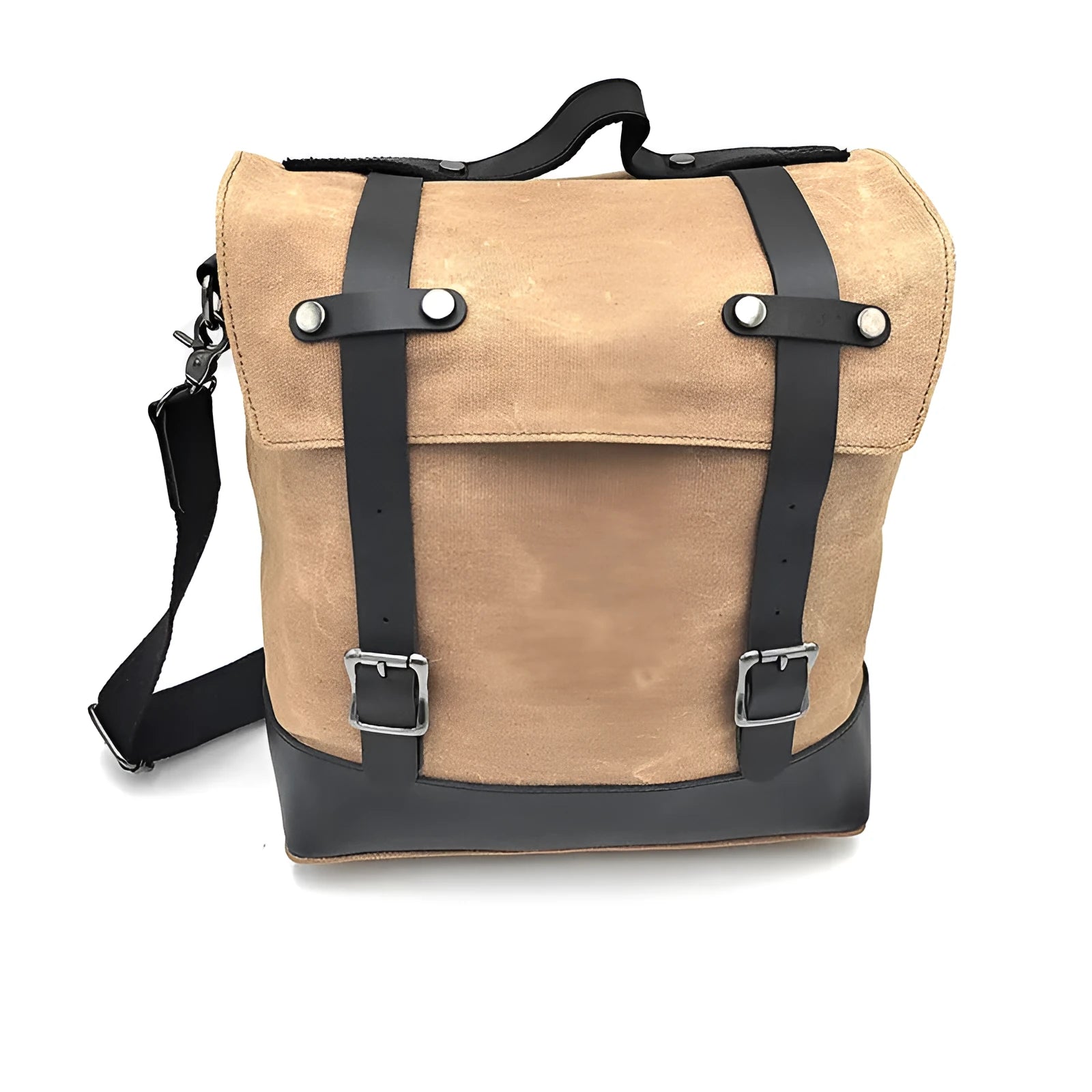 Waterproof canvas motorcycle side bag with cowhide reinforcement in black colour