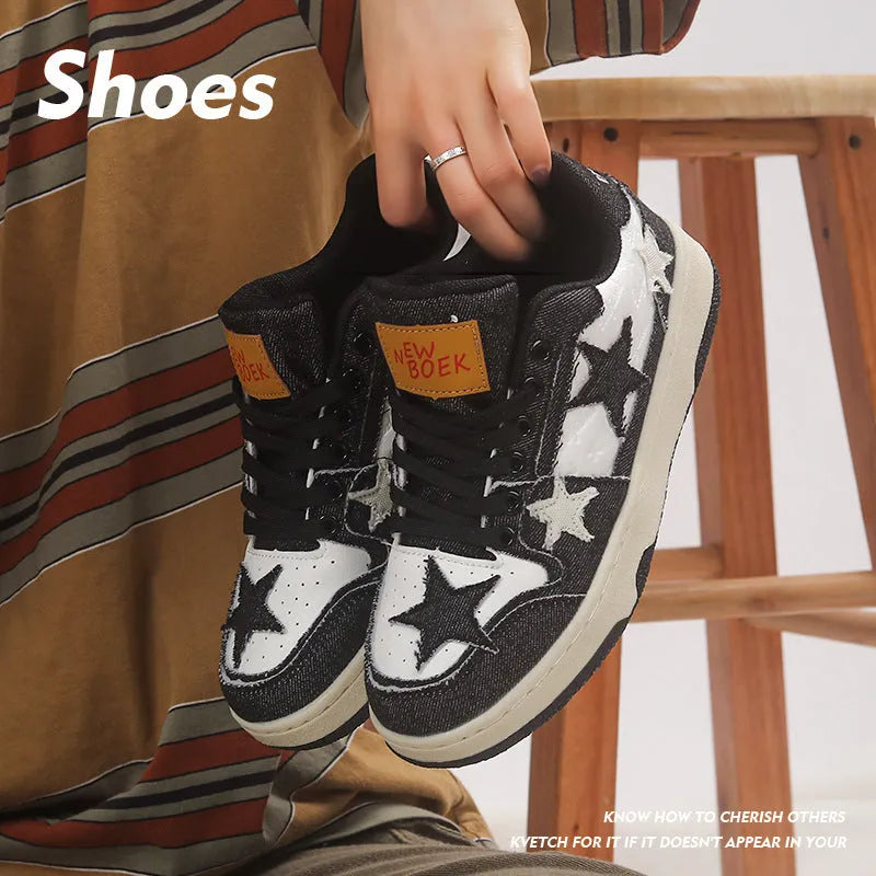 A pair of denim lace-up skate shoes with a rubber sole, shown in black, green, and pink colour options.