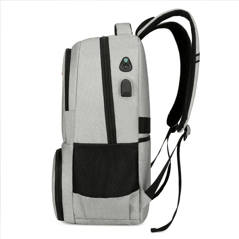 Light grey Oxford cloth insulated backpack with curved shoulder straps and pull rod belt