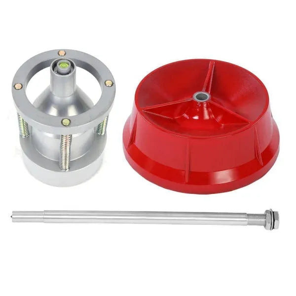 Portable aluminium hub balancer with bull's eye level on a red enamel-finished base.