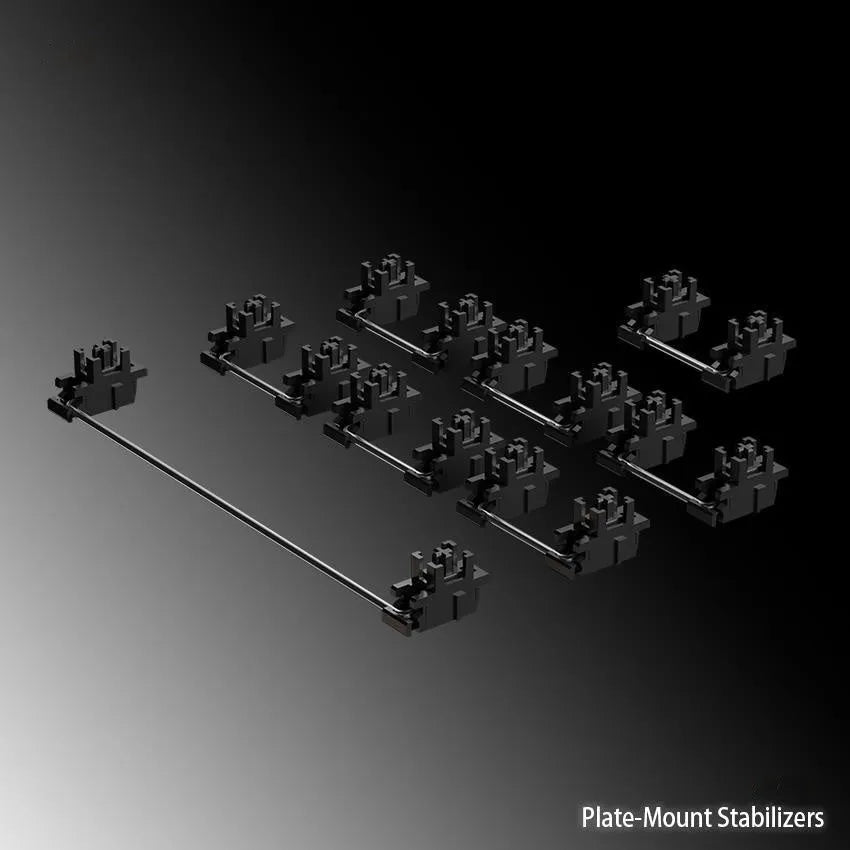 Keyboard stabiliser accessory kit showing 6.25U and 7U satellite axes with 4.3-inch bar in Black or Milky White