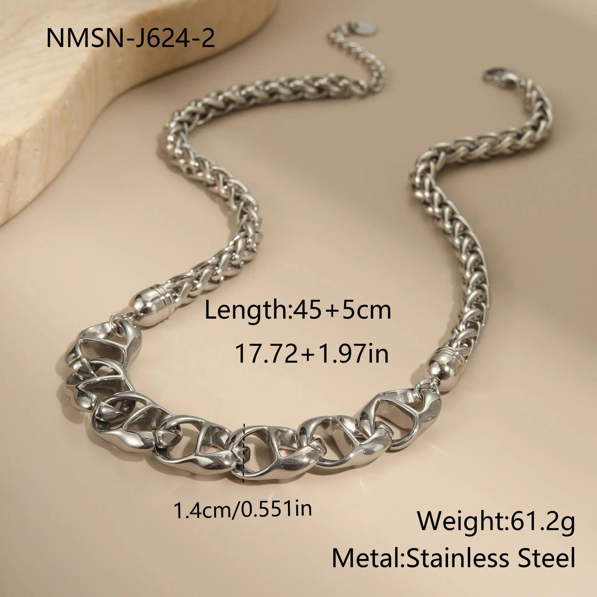 Gold plated stainless steel geometric chain necklace for women on a white background.