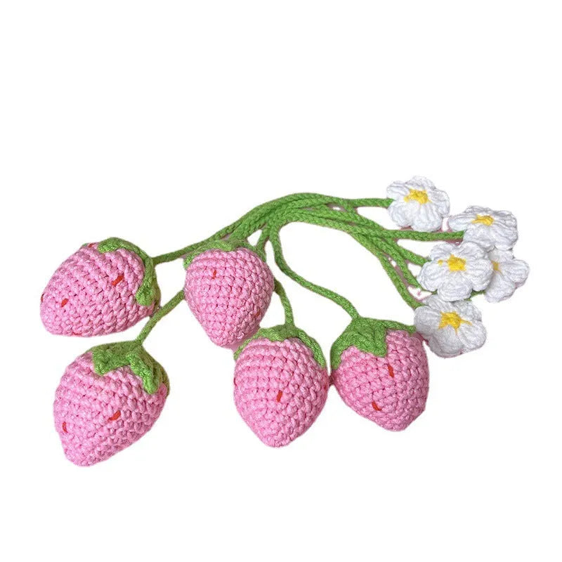 Wool crochet strawberry pendant necklace with hand-crocheted charm on 35cm chain