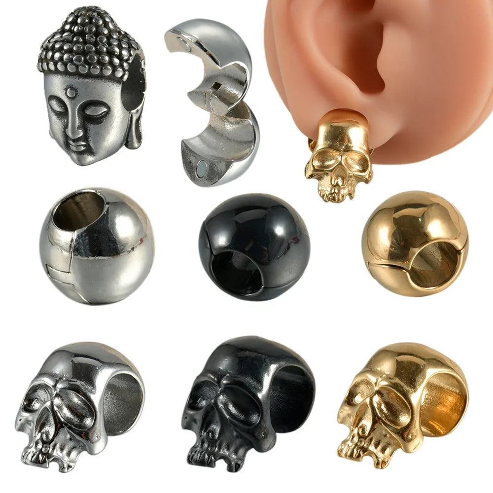 Geometric stainless steel earrings combining hollow skull and Buddha motifs with electroplated finish
