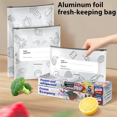 Set of aluminium foil sealed bags and boxes for food preservation in three different sizes.