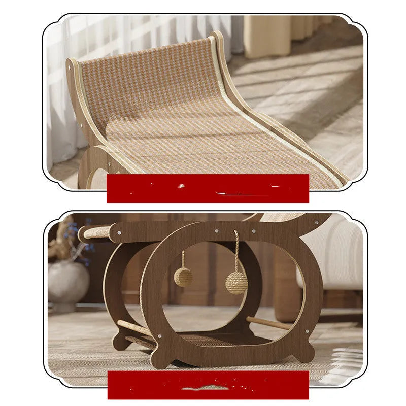 Solid wood sisal cat scratching mat and bed in walnut colour on wooden floor
