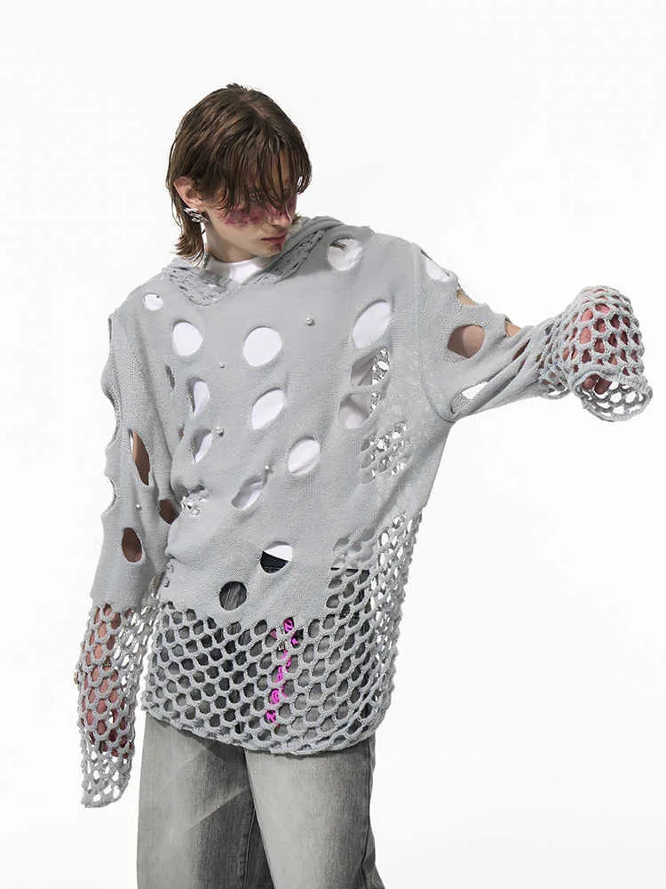 Black men's loose-fit hollow knit hoodie with pearl decorative detail on the front.