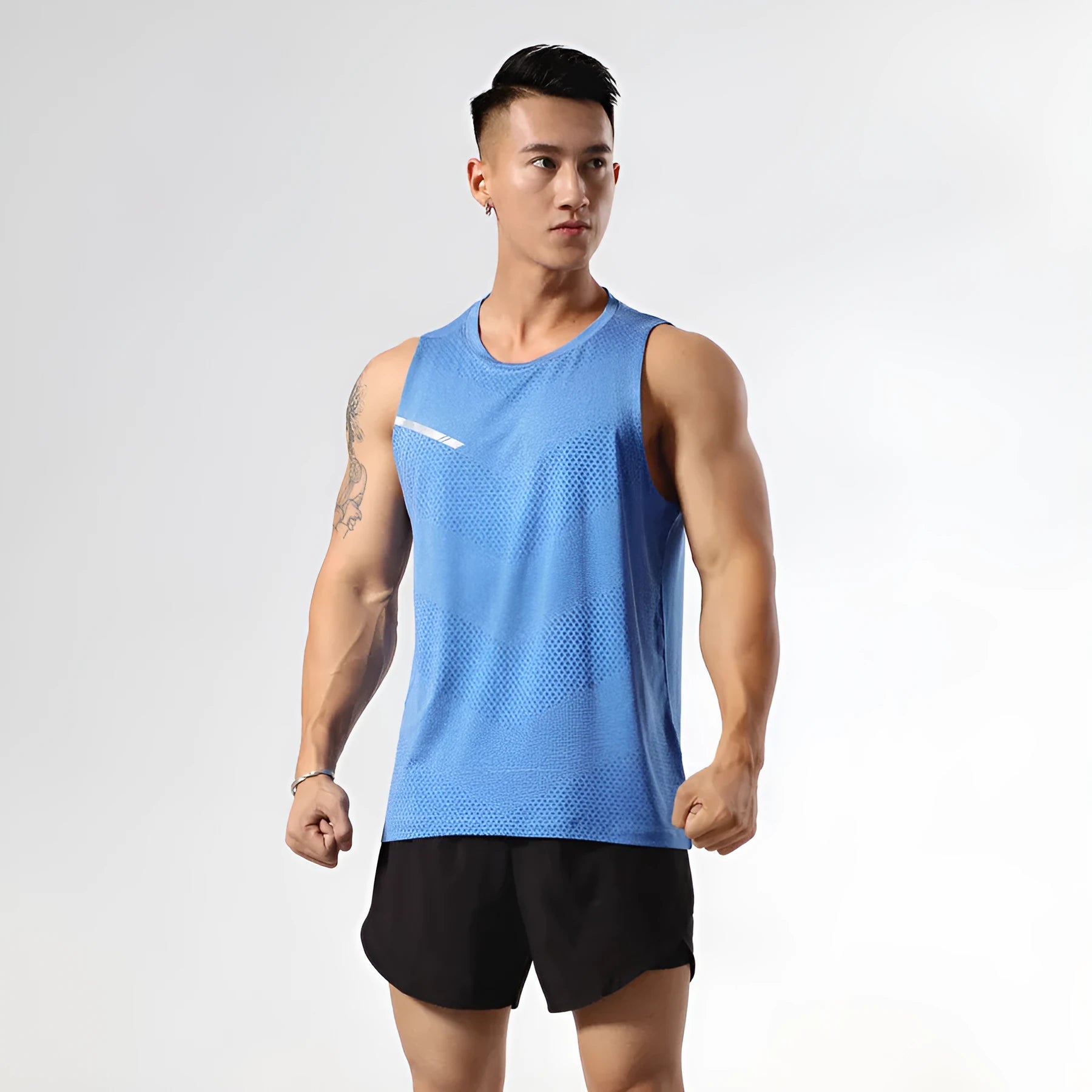 Men's solid colour quick-drying polyester sports tank top for summer outdoor activities.