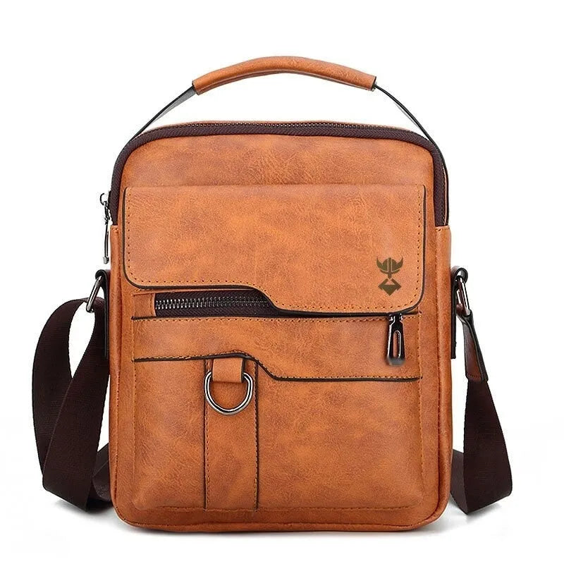 Khaki PU leather men's shoulder bag showing square vertical shape and single strap