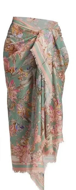 Women's floral print bikini set with skirt in creamy white beige colour