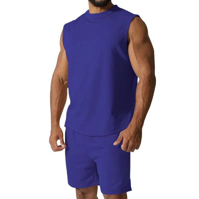 Men's sleeveless sports suit set in cotton blend with matching shorts in solid colour options