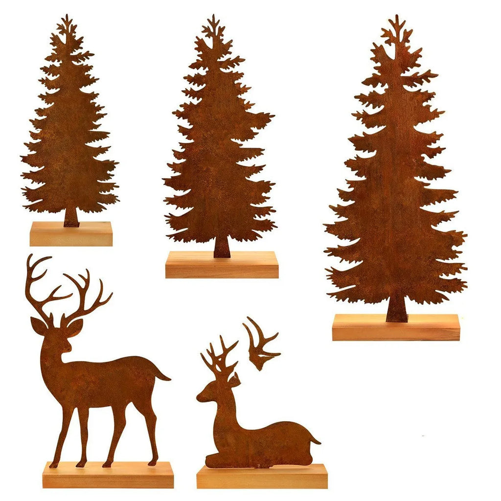 Three rustic metal Christmas tree ornaments with elk motifs in aged metallic finish