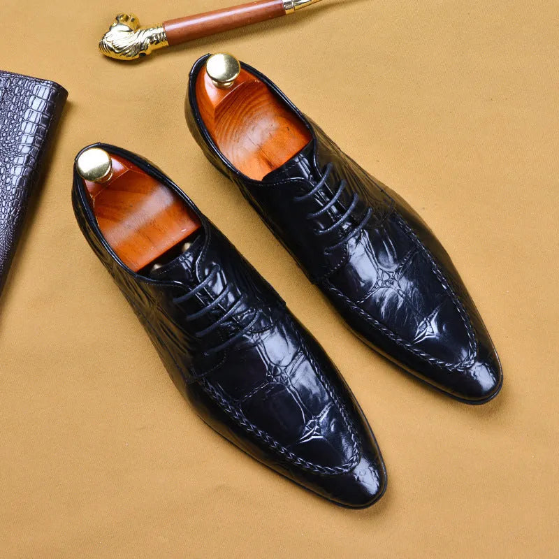 Men's black leather business shoes with alligator pattern texture and silver horse bit buckle